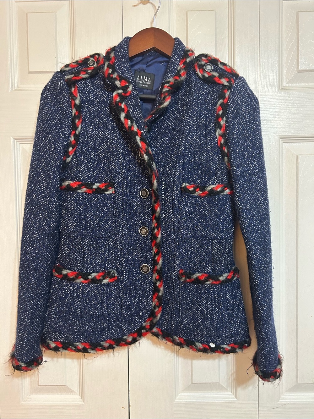 Alma Collezioni Navy Tweed Braided-Trim Jacket